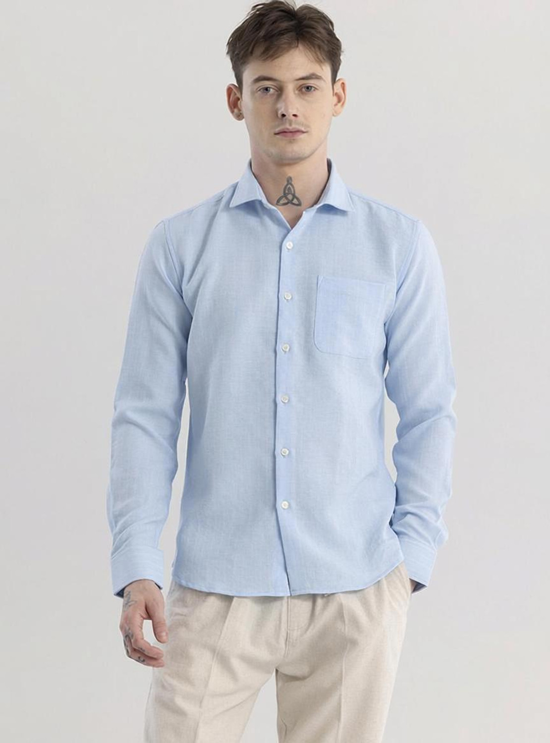 Image of Snitch Men Solid Casual Light Blue Shirt