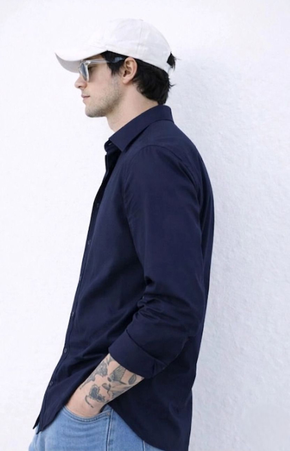 Image of Lycka Men Solid Casual Dark Blue Shirt