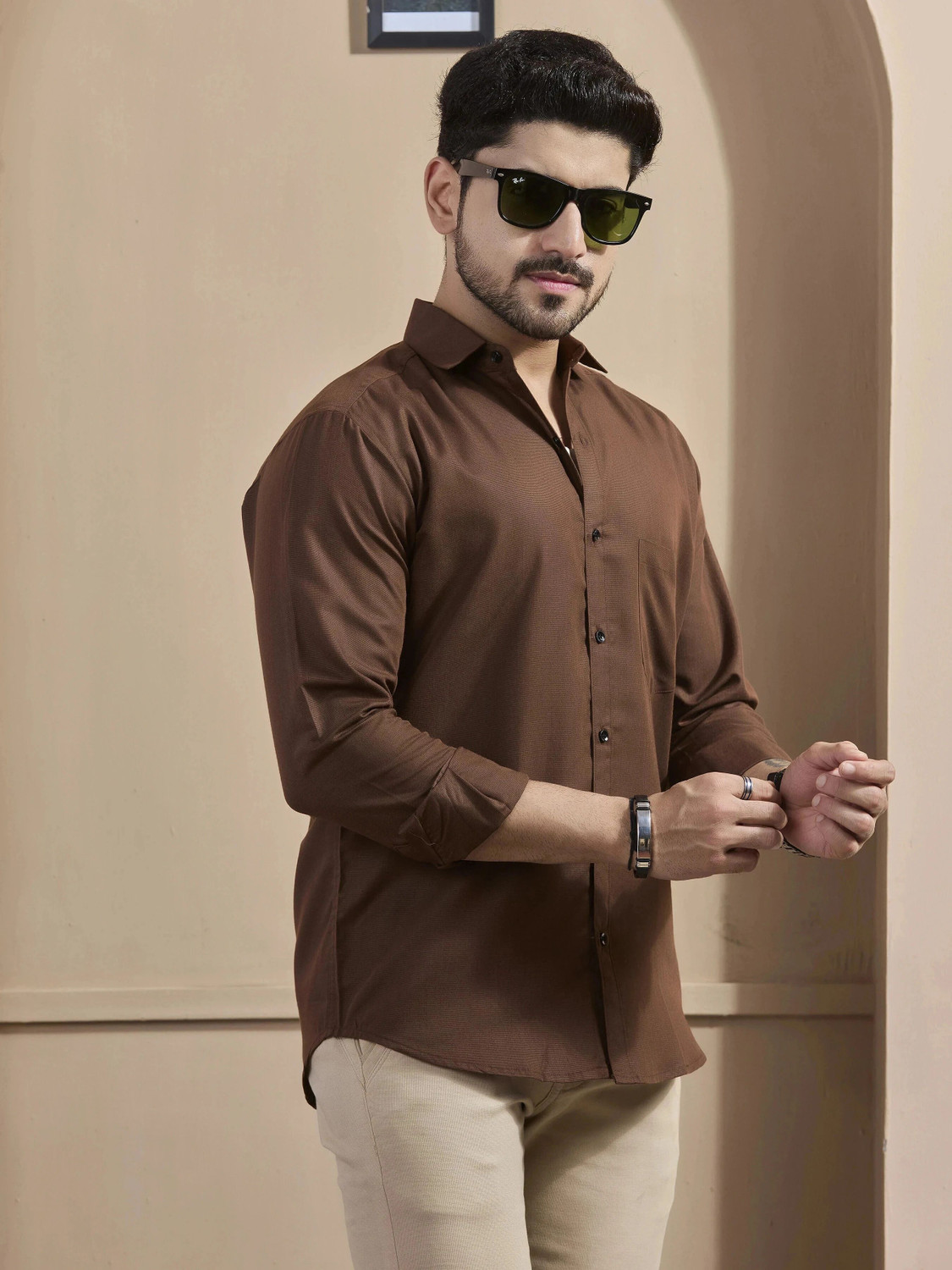Image of STONEBERG Men Solid Formal Brown Shirt