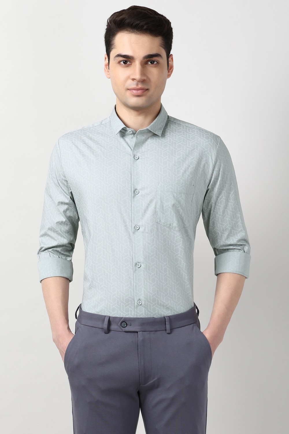 Image of PETER ENGLAND Men Printed Formal Grey Shirt