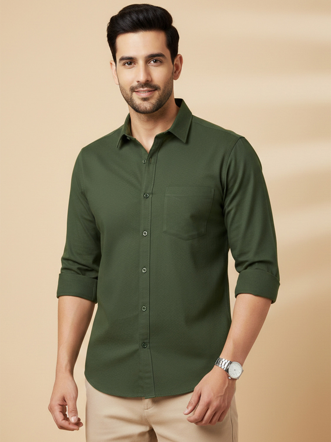 Image of METRONAUT Men Solid Casual Green Shirt