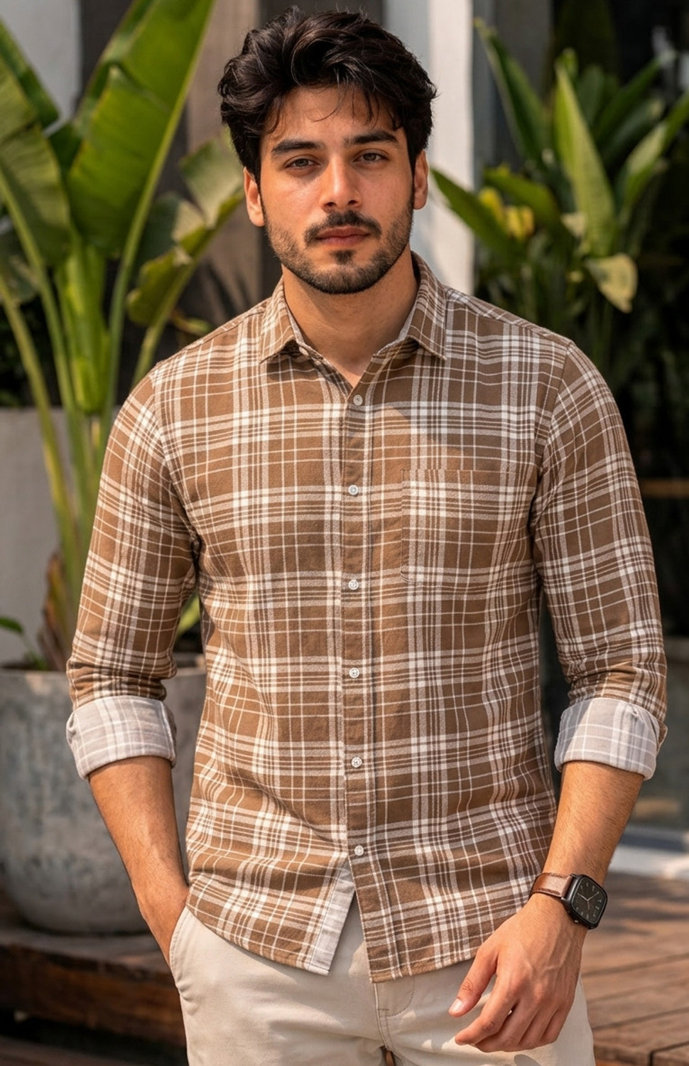Image of Roadster Men Checkered Casual Brown, White Shirt