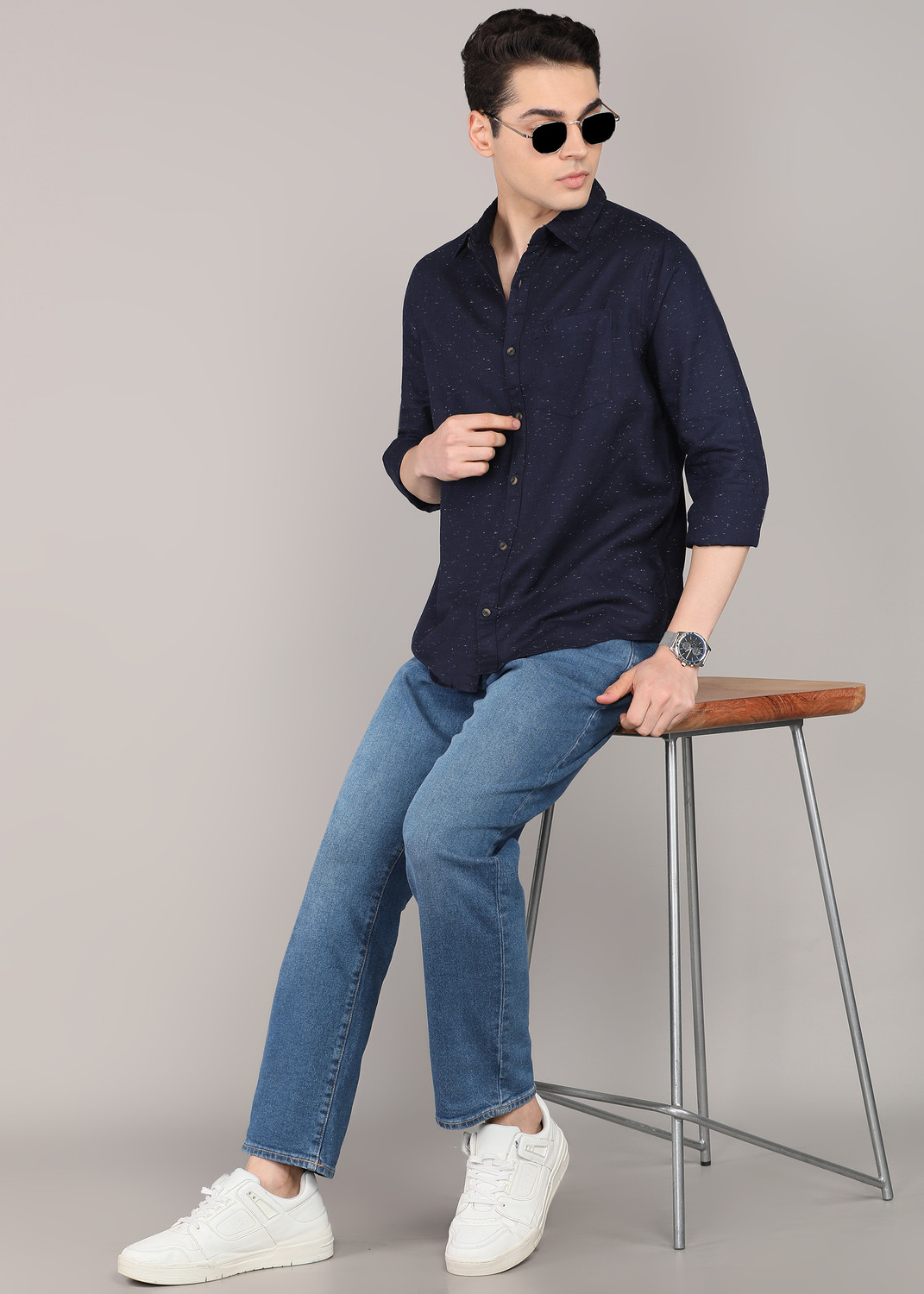 Image of WROGN Men Solid Casual Blue Shirt