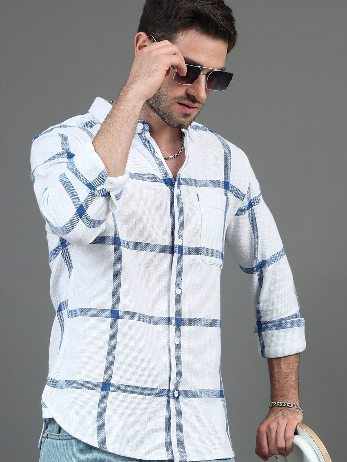 Image of HERE&NOW Men Checkered Casual White Shirt