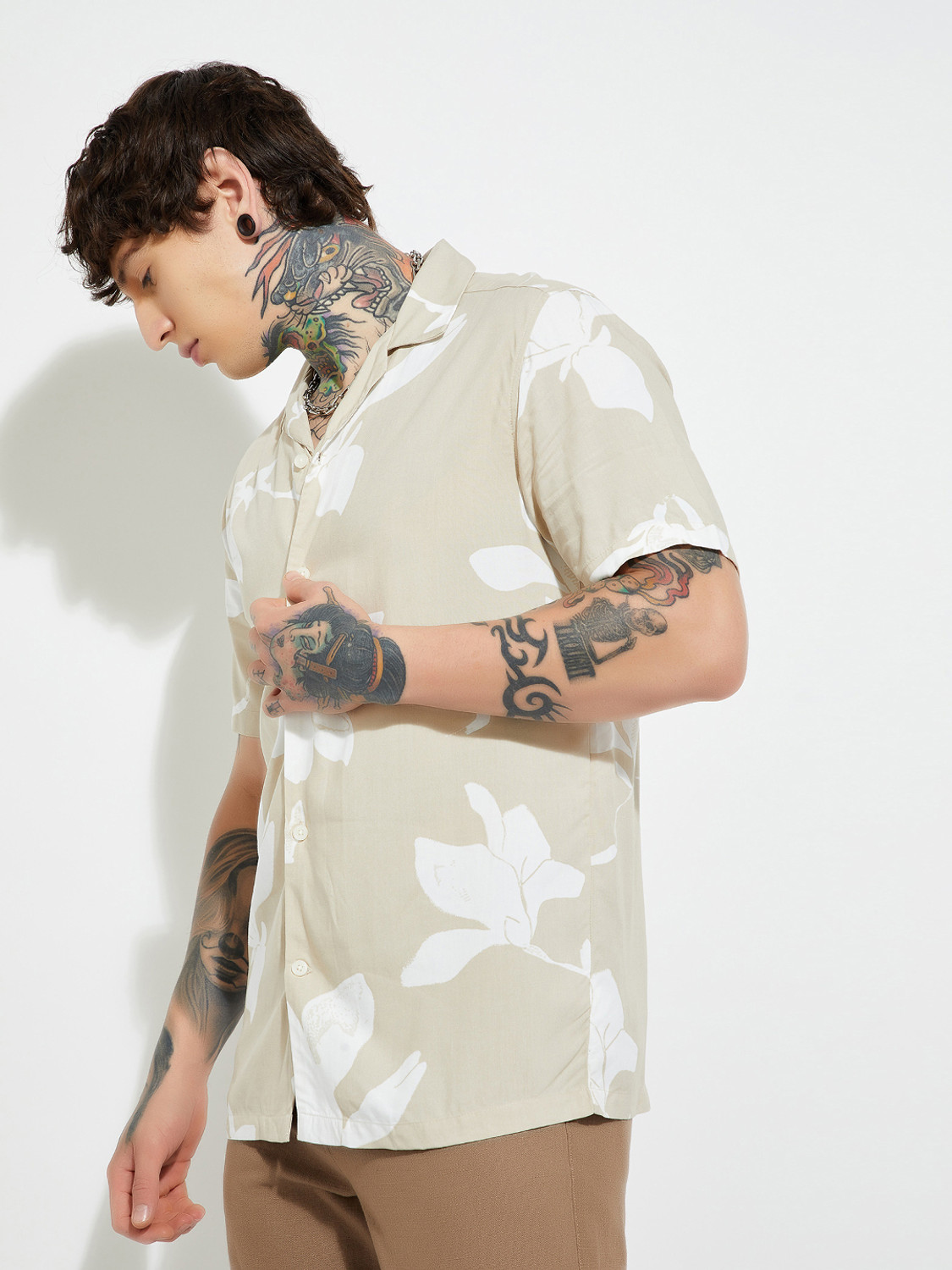 Image of MAX Men Printed Casual Beige Shirt