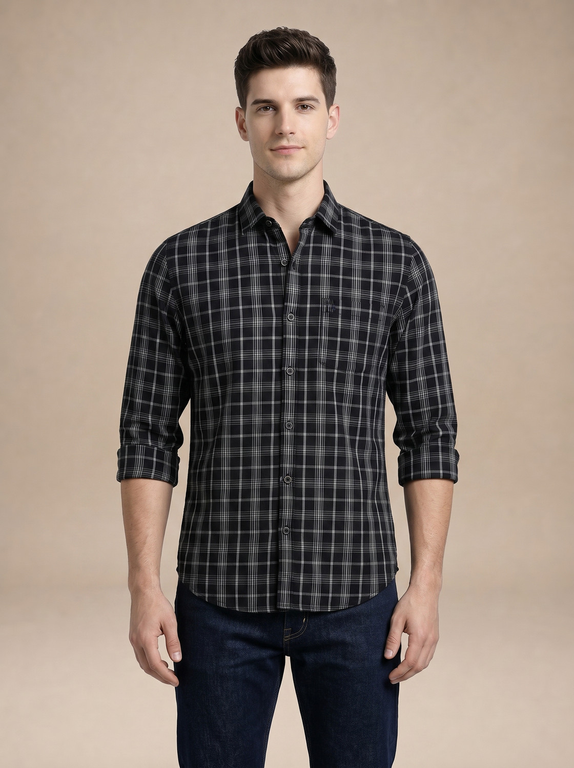 Image of TURTLE Men Checkered Casual Black, White Shirt