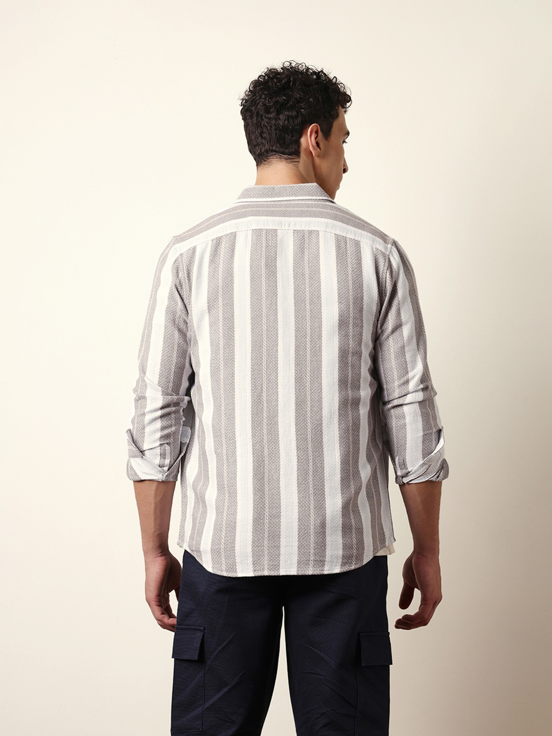 Image of THE BEAR HOUSE Men Striped Casual Grey Shirt