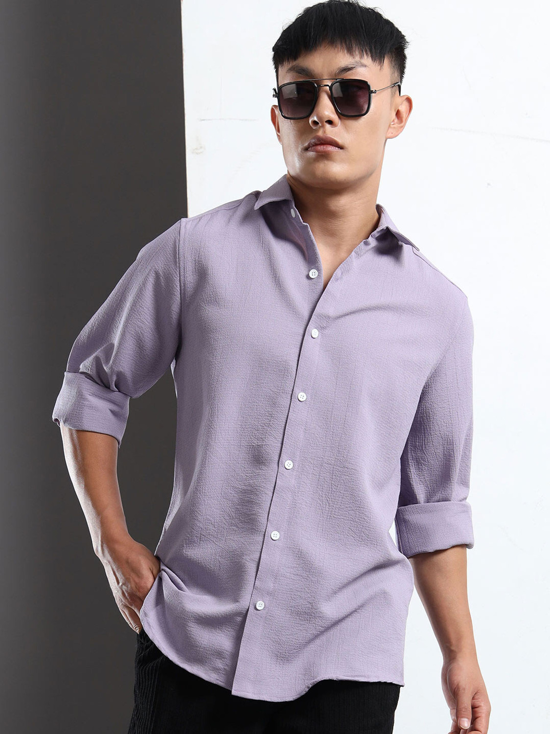 Image of Voroxy Men Solid Casual Purple Shirt