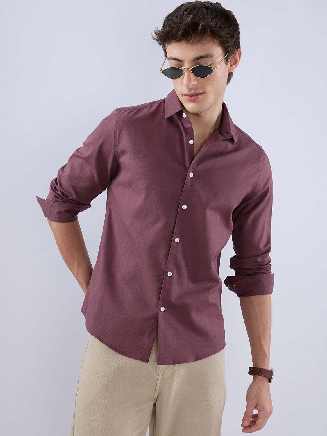 Image of VASTRADO Men Regular Fit Solid Cut Away Collar Casual Shirt