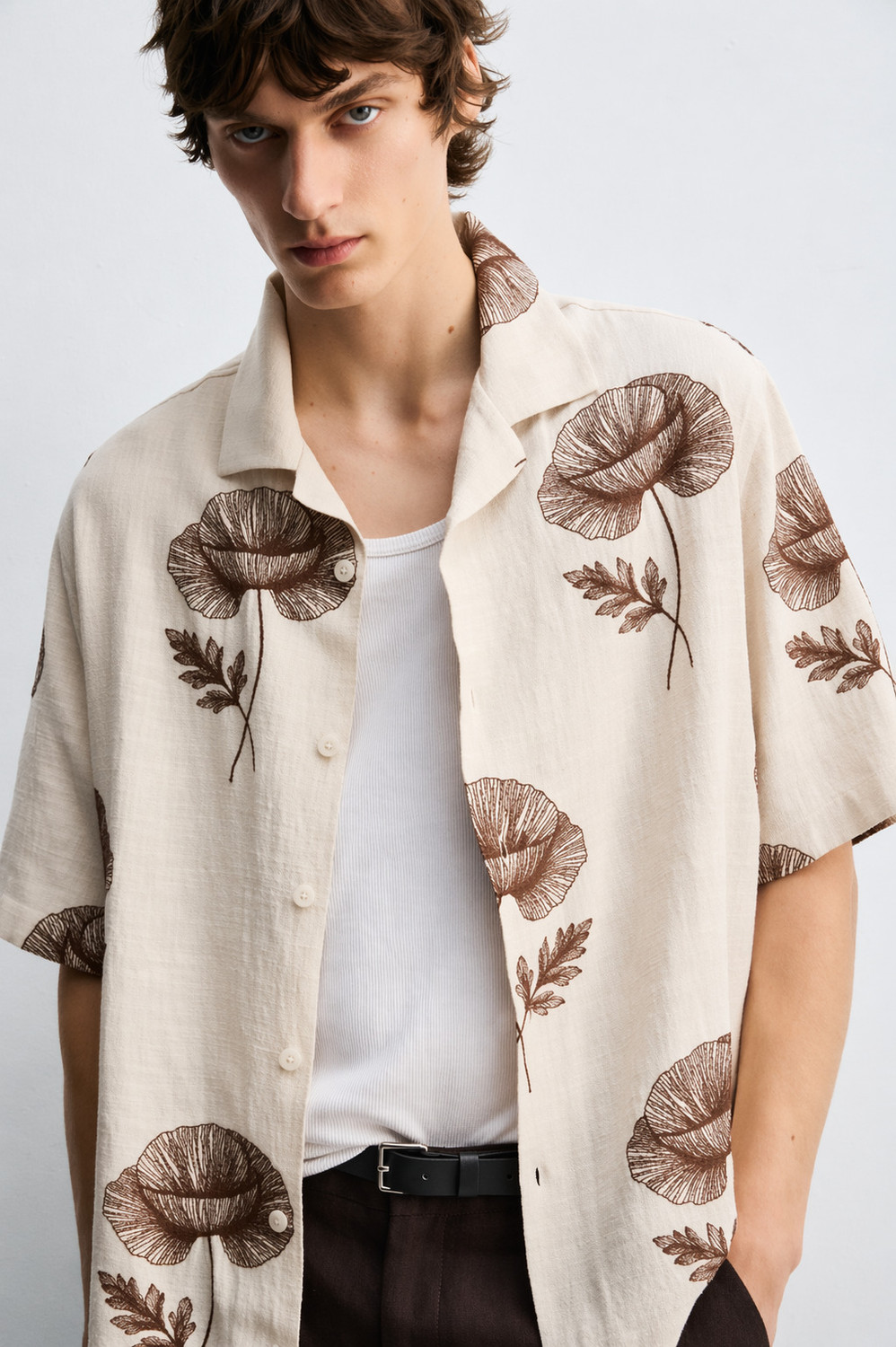Image of Men's fashion Men Floral Print Casual Cream Shirt