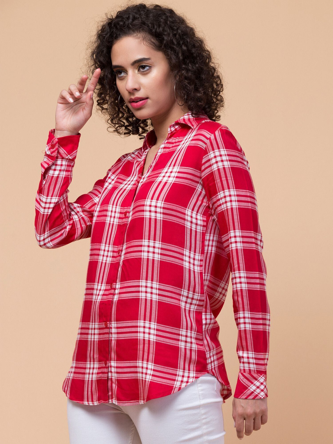 Image of Hive91 Women Checkered Casual Red, White Shirt