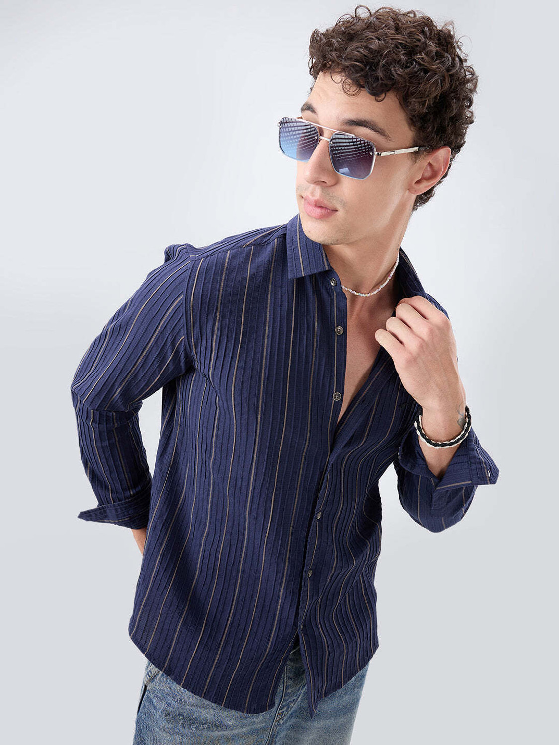 Image of VASTRADO Men Striped Casual Dark Blue Shirt