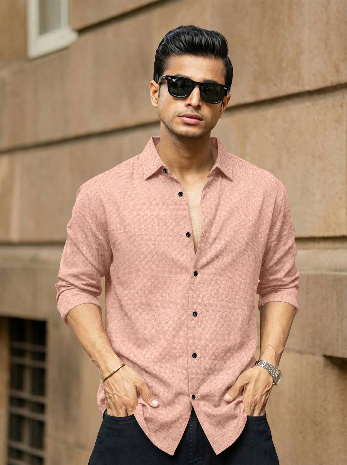 Image of Voroxy Men Self Design Casual Pink Shirt