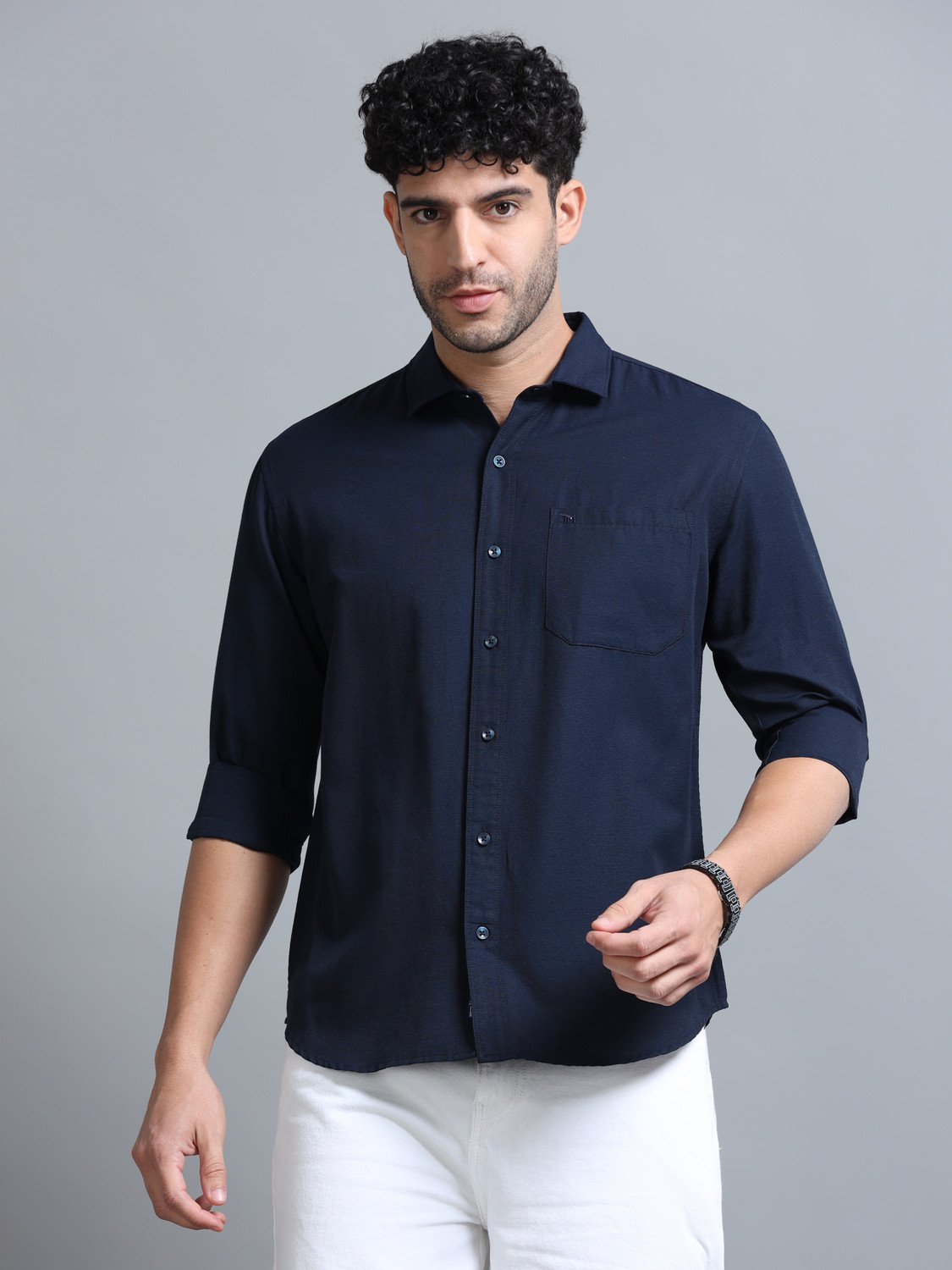 Image of Tom Mackler Men Solid Casual Dark Blue Shirt