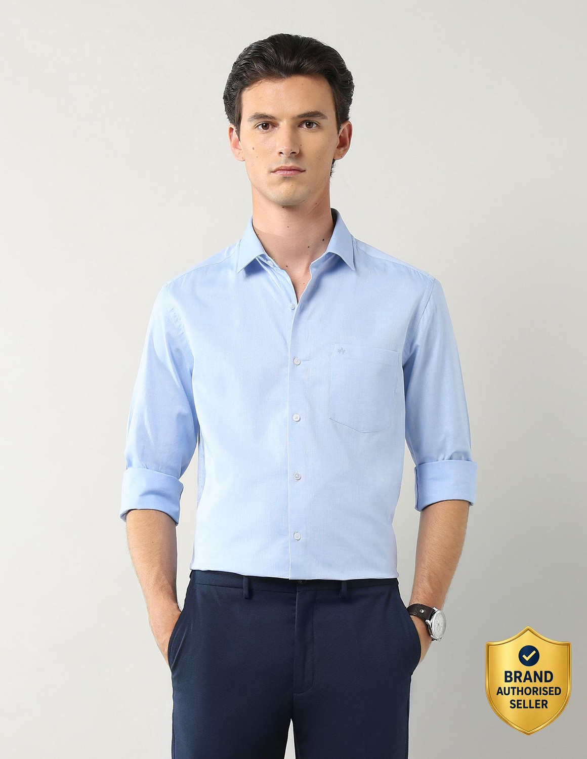 Image of ARROW Men Solid Formal Blue Shirt