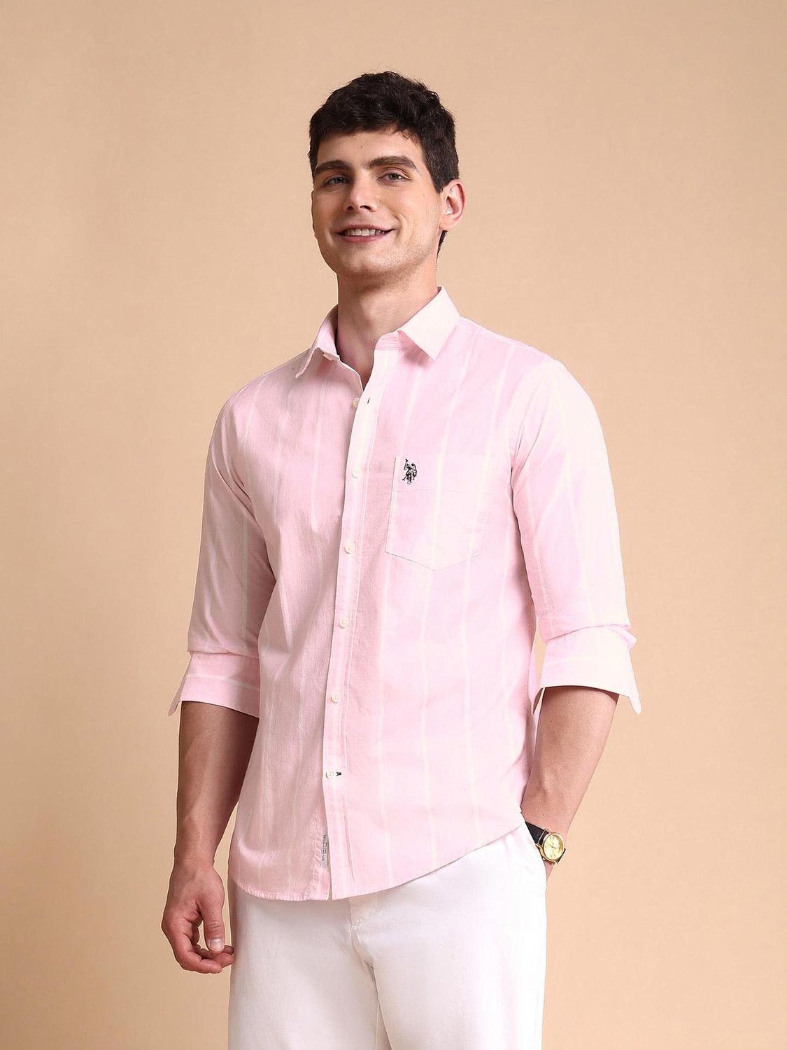 Image of U.S. POLO ASSN. Men Striped Casual Pink Shirt