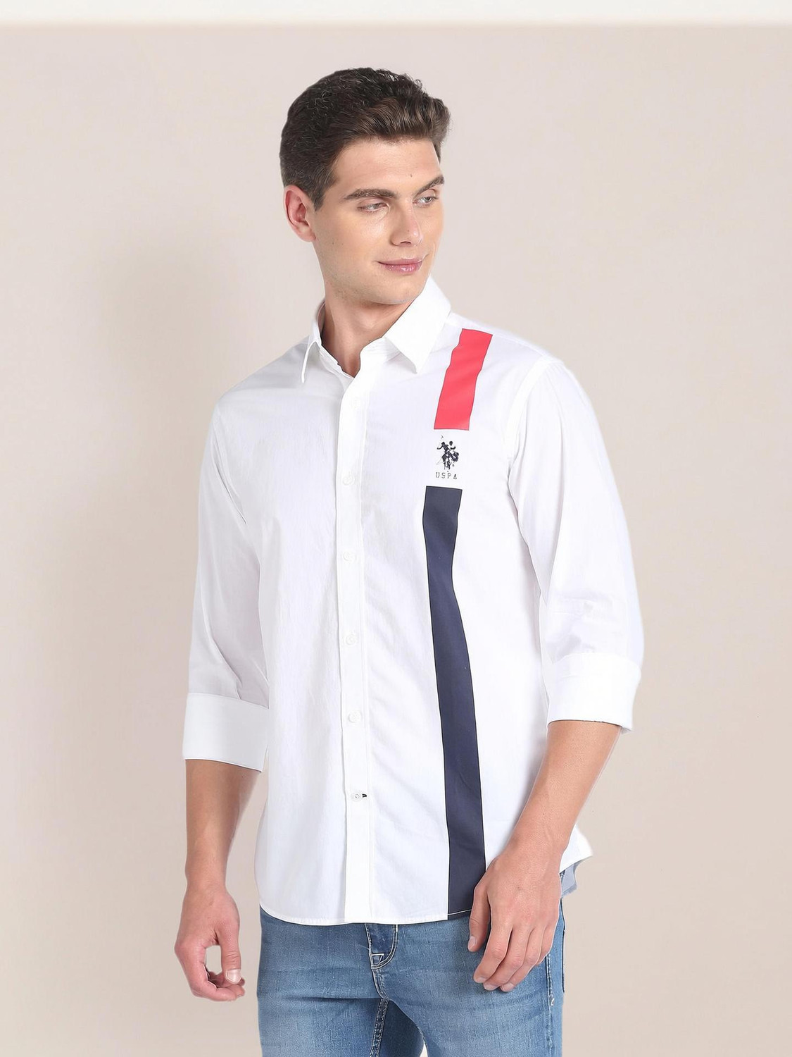 Image of U.S. POLO ASSN. Men Striped Casual White Shirt