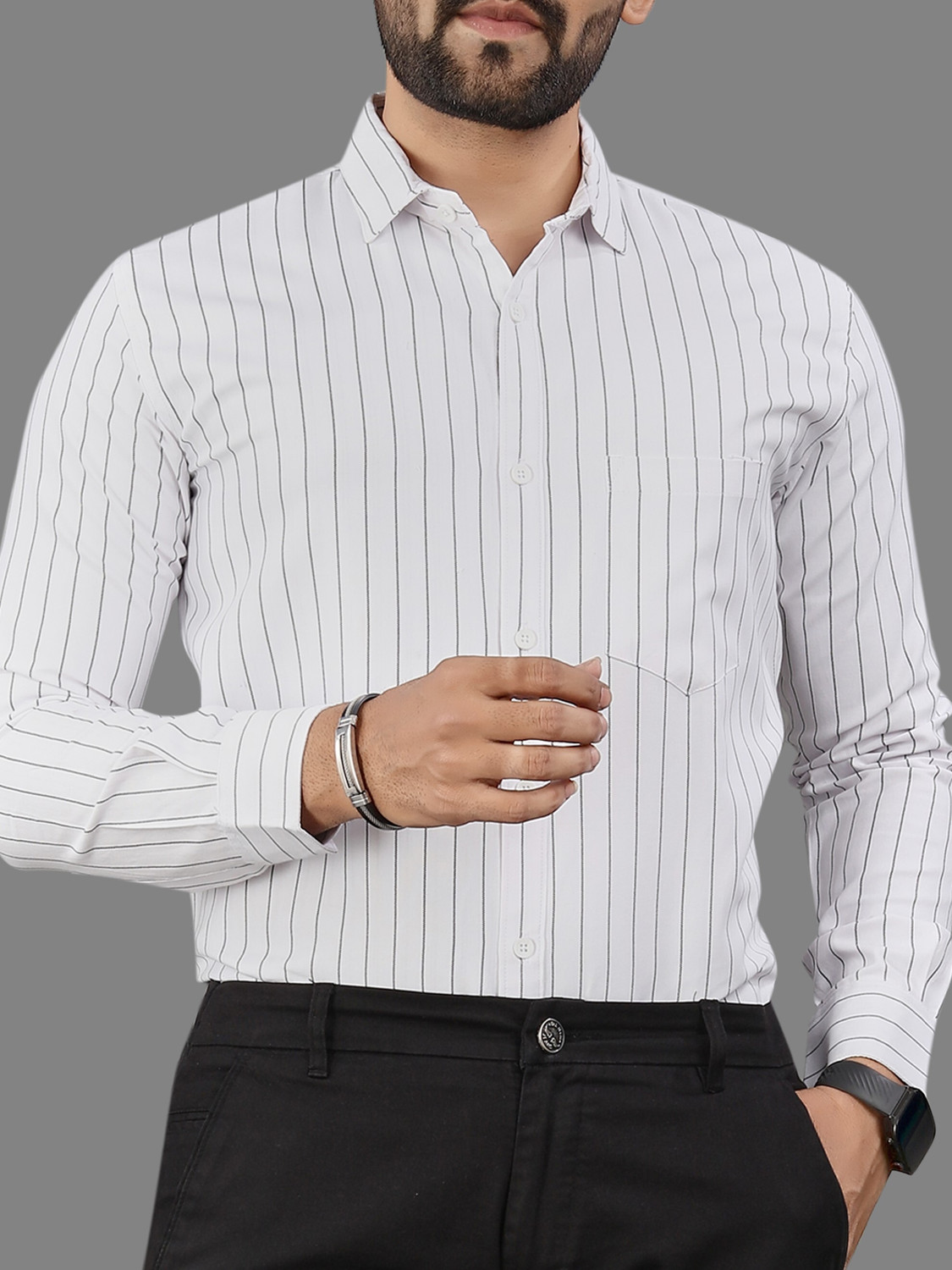 Image of MILDIN Men Striped Formal White Shirt