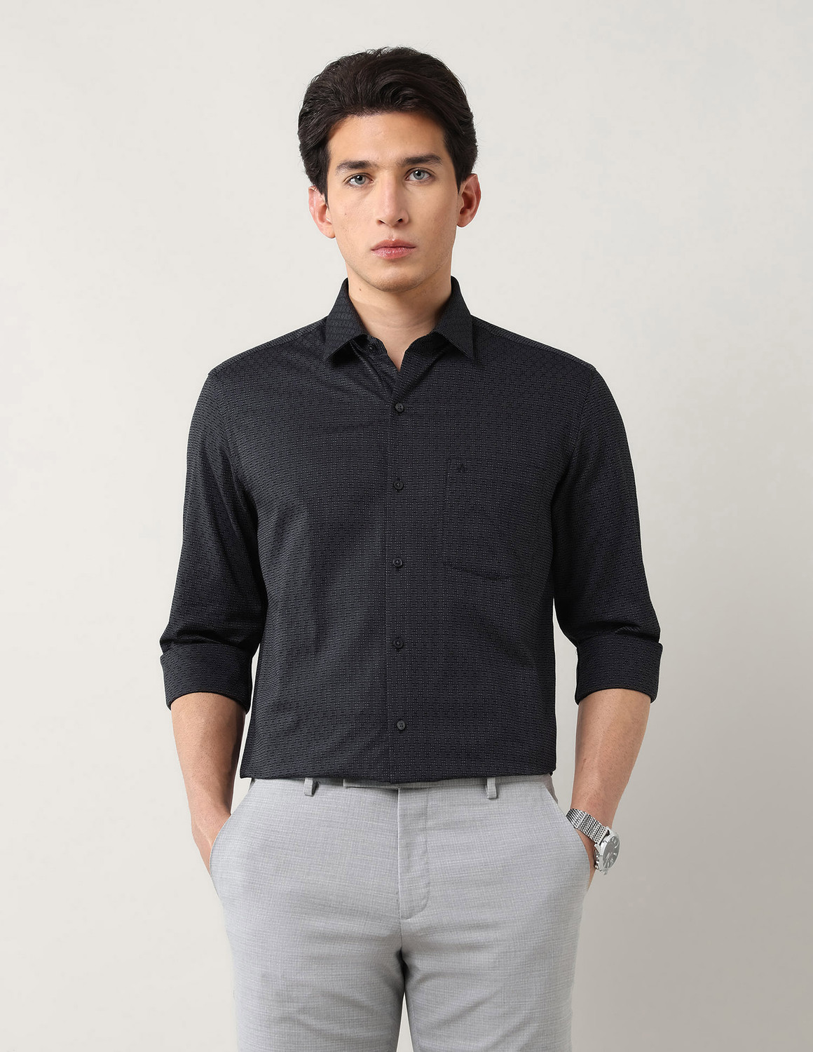 Image of ARROW Men Self Design Formal Grey Shirt