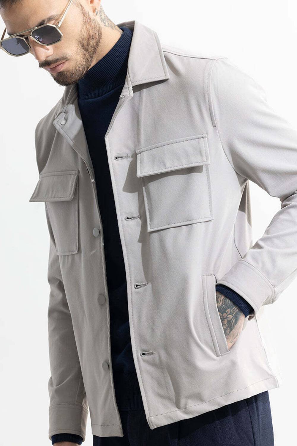 Snitch Men Solid Casual Grey Shirt - Image 3