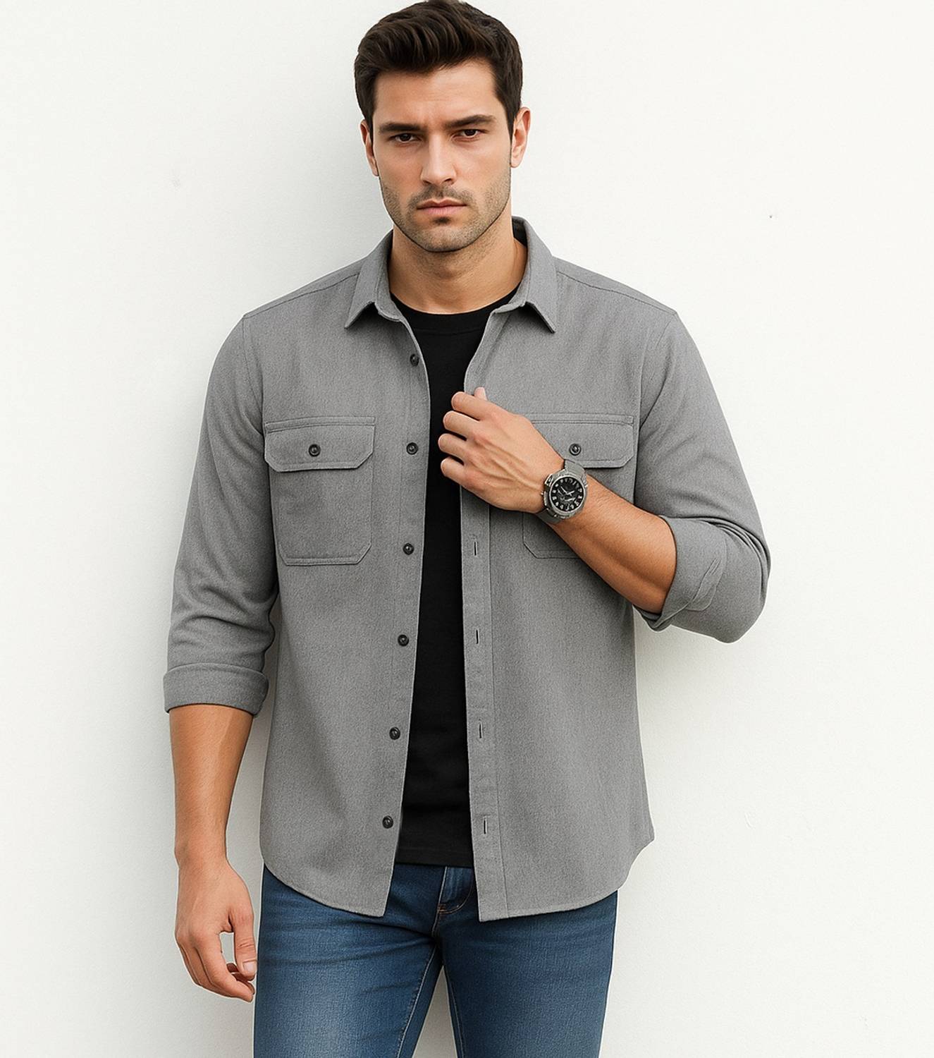 DEEMOON Men Solid Casual Grey Shirt - Image 2