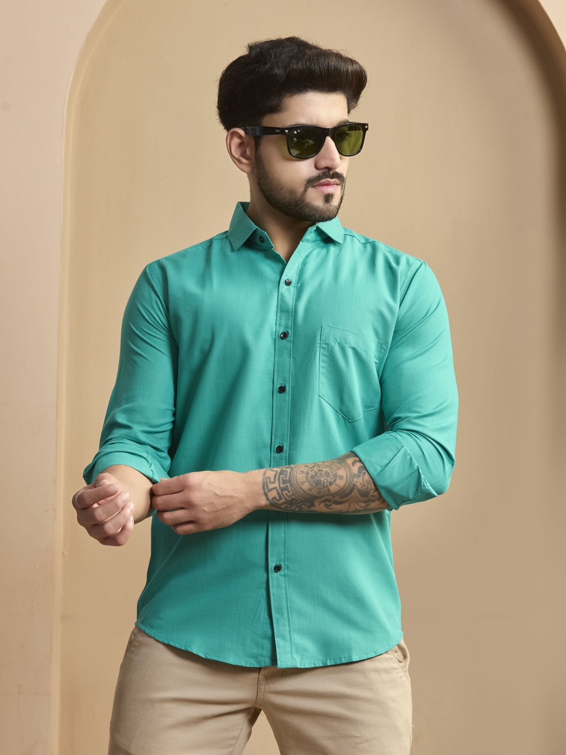 Image of STONEBERG Men Solid Formal Light Green Shirt