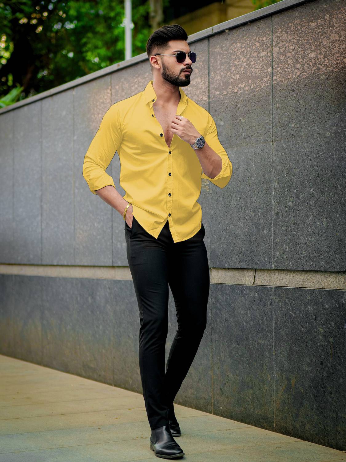 YAKSH Men Self Design Casual Yellow Shirt - Buy YAKSH Men Self