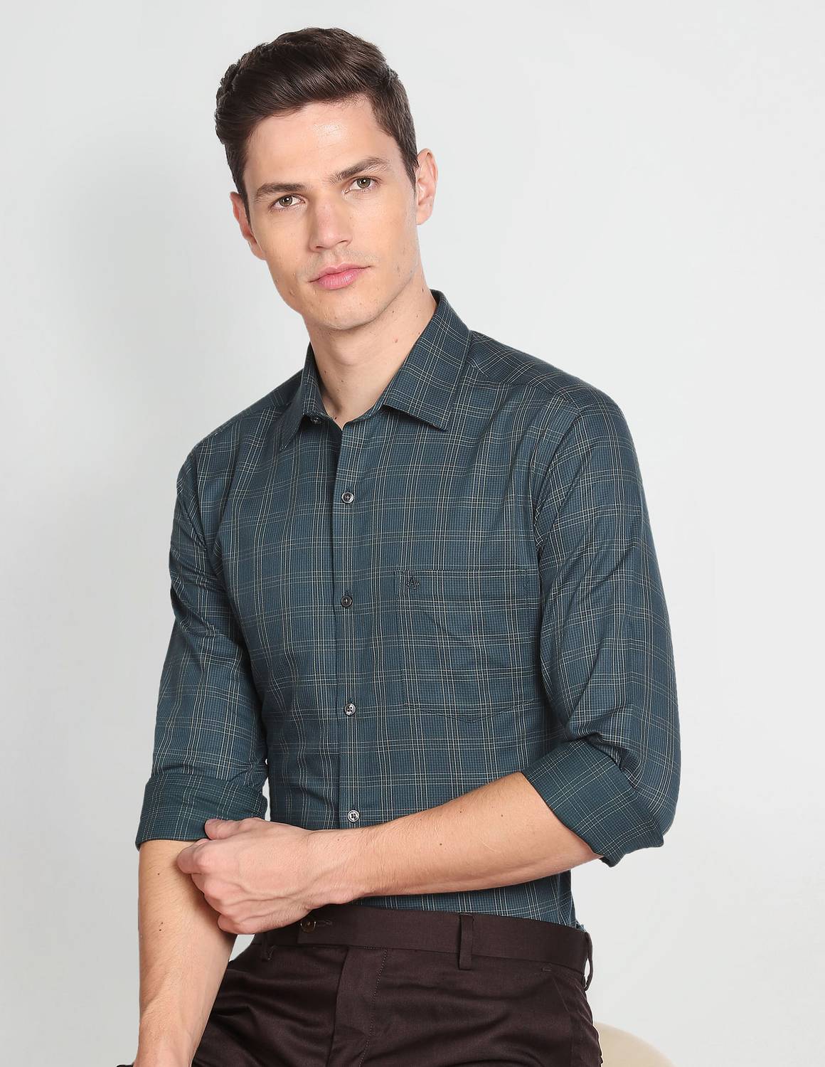 ARROW Men Checkered Formal Green Shirt