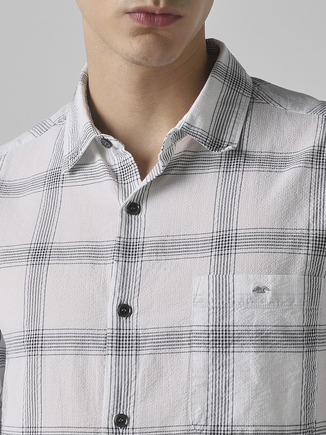 Image of MUFTI Men Checkered Casual Grey Shirt