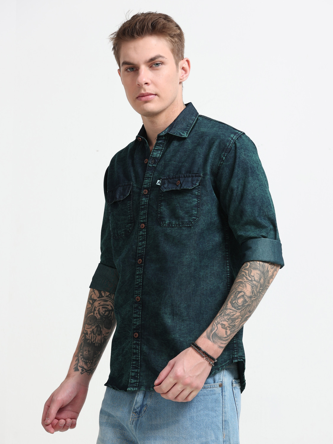 Image of AIDAN PAUL Men Washed Casual Dark Green Shirt