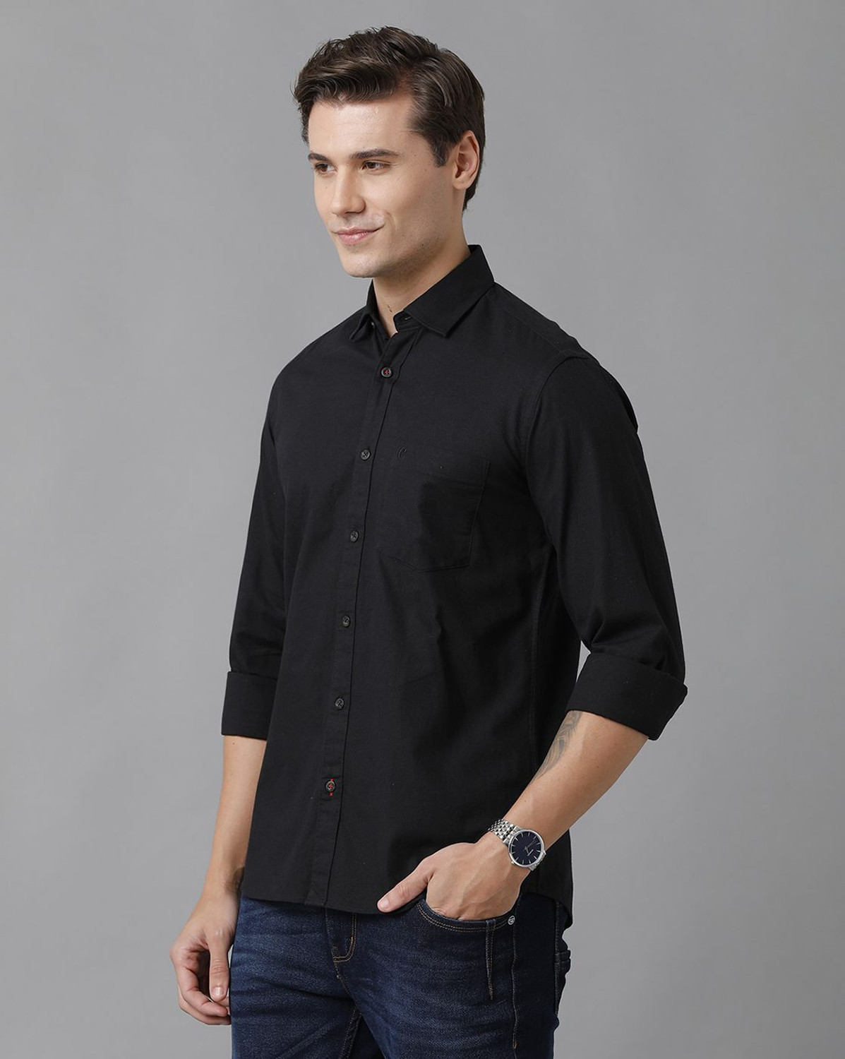 Image of GRANDSTITCH Men Solid Casual Black Shirt