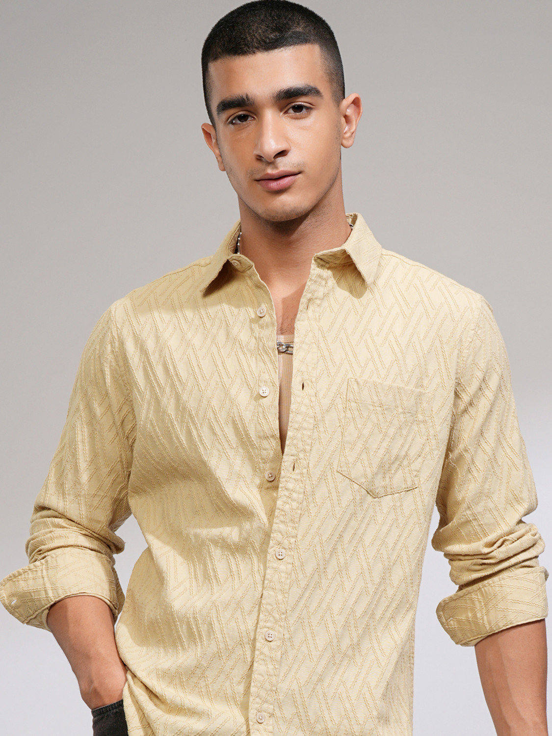 Image of HIGHLANDER Men Self Design Casual Beige Shirt