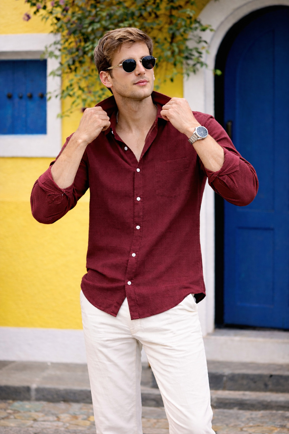 Image of HERE&NOW Men Solid Formal Maroon Shirt