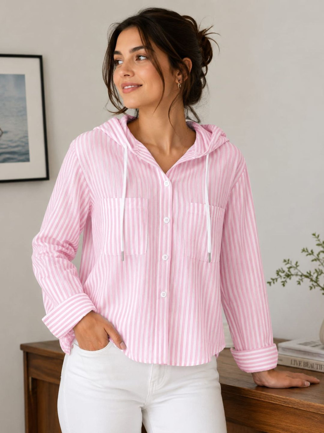 Image of LUSH&LOOM LIFESTYLE Women Striped Casual Pink Shirt
