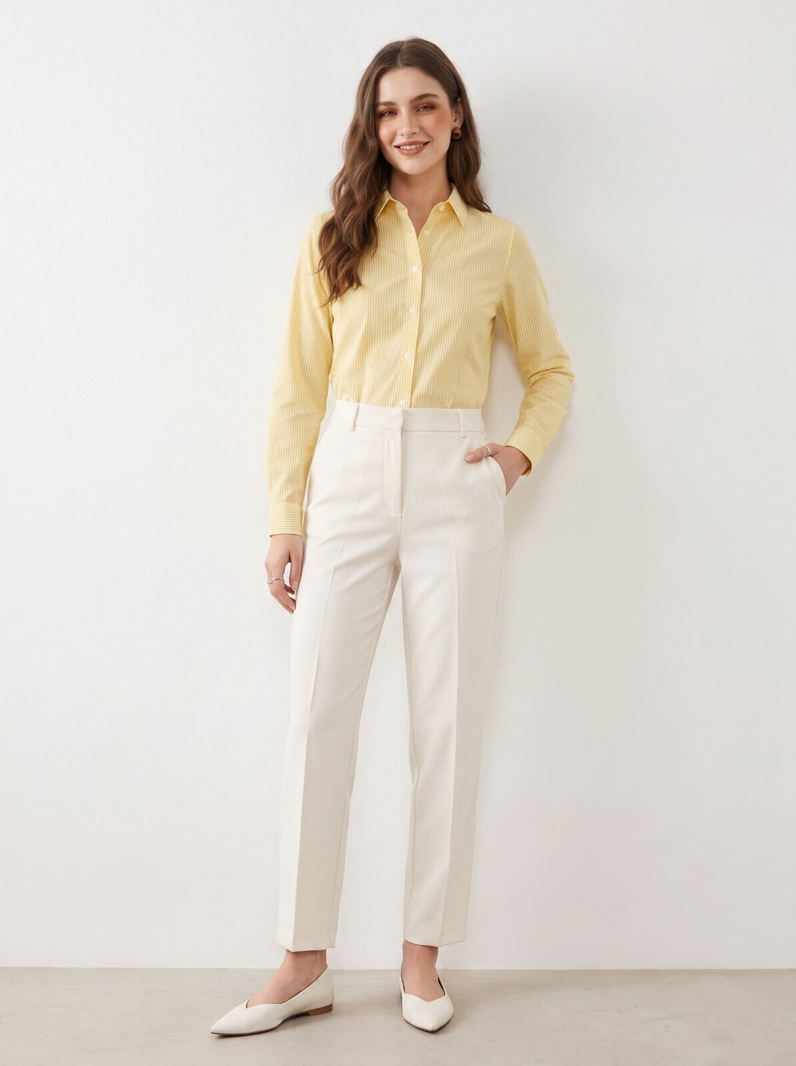 Image of Ovum Women Striped Casual White, Yellow Shirt