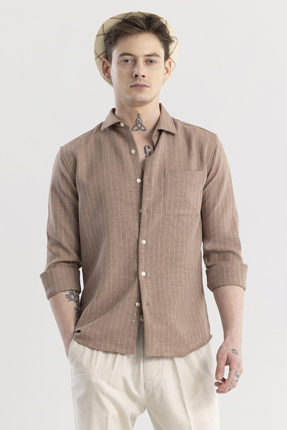 Image of Snitch Men Striped Casual Brown Shirt