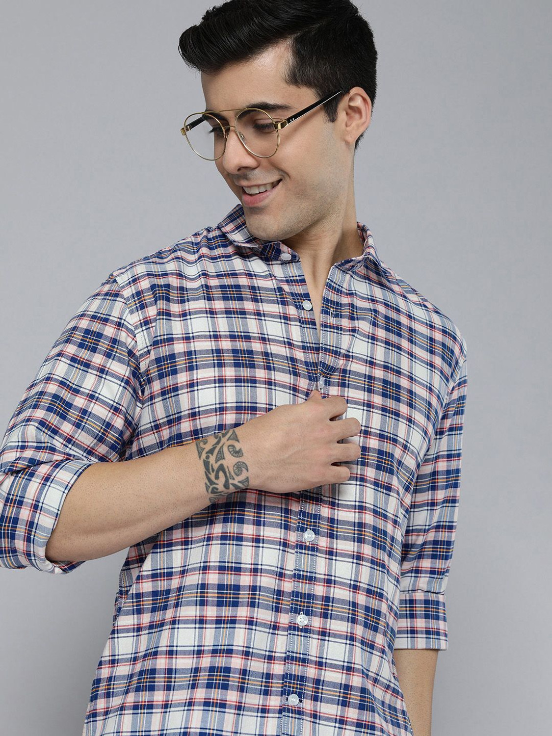 Image of Mast & Harbour Men Checkered Casual Blue Shirt