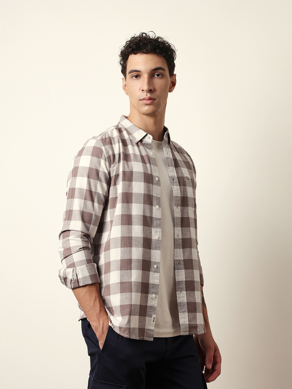 Image of THE BEAR HOUSE Men Checkered Casual Brown, White Shirt