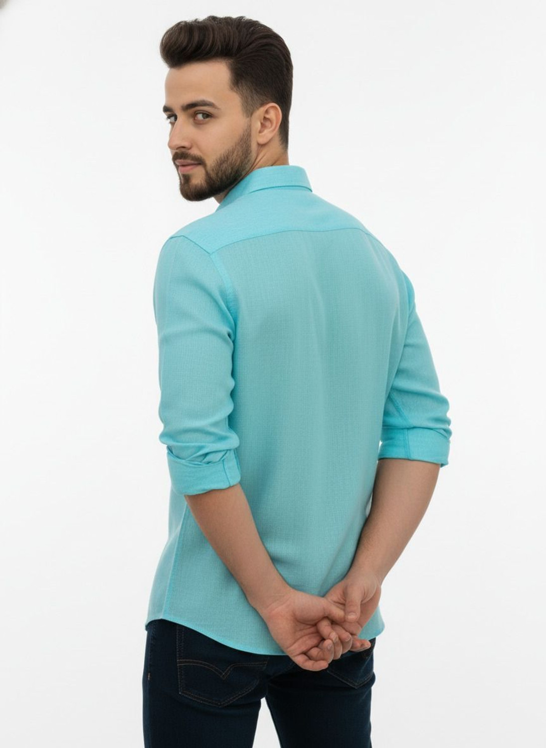 Image of PSI Men Solid Casual Light Blue Shirt