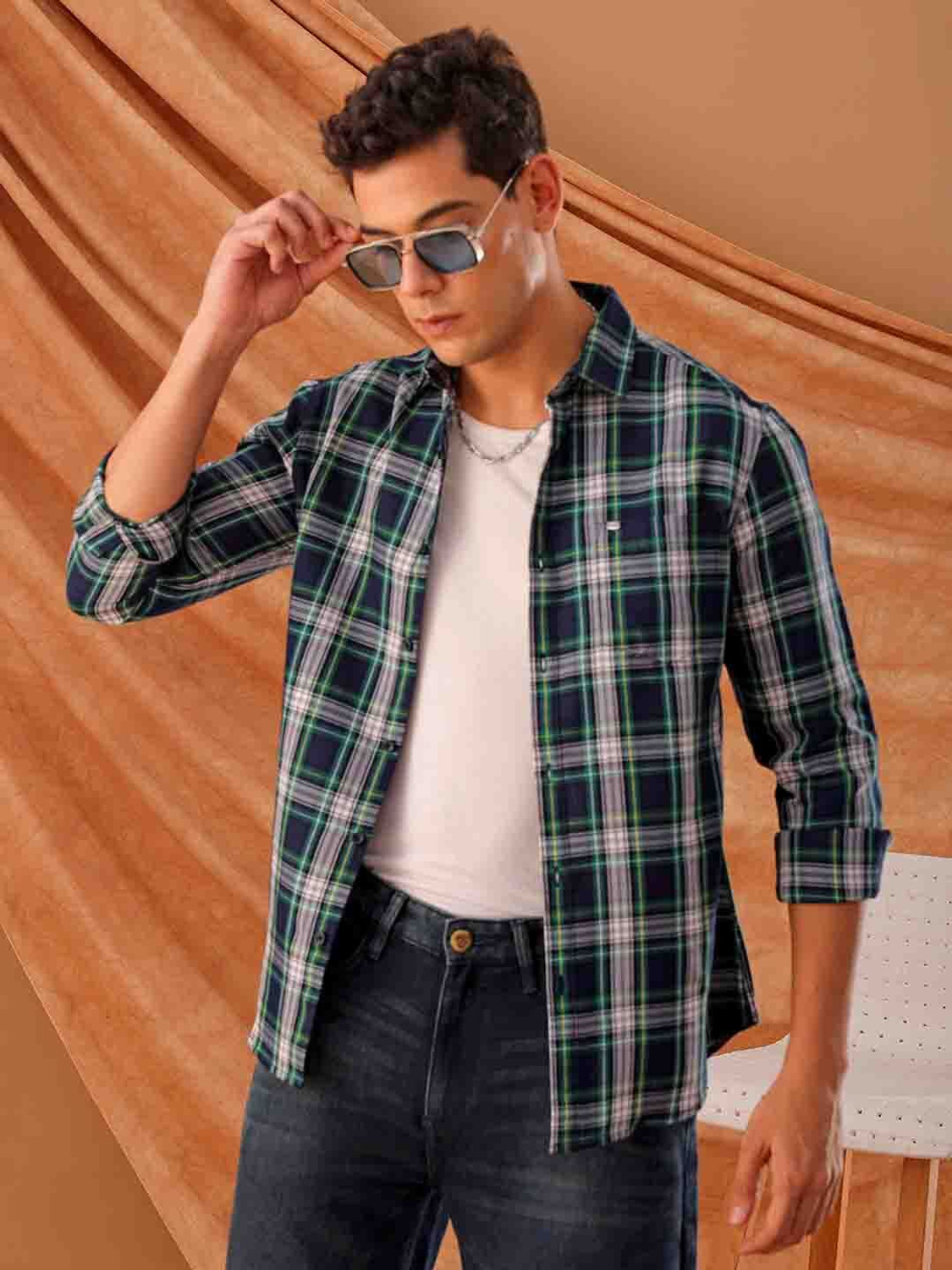 Image of The Indian Garage Co. Men Checkered Casual Blue Shirt