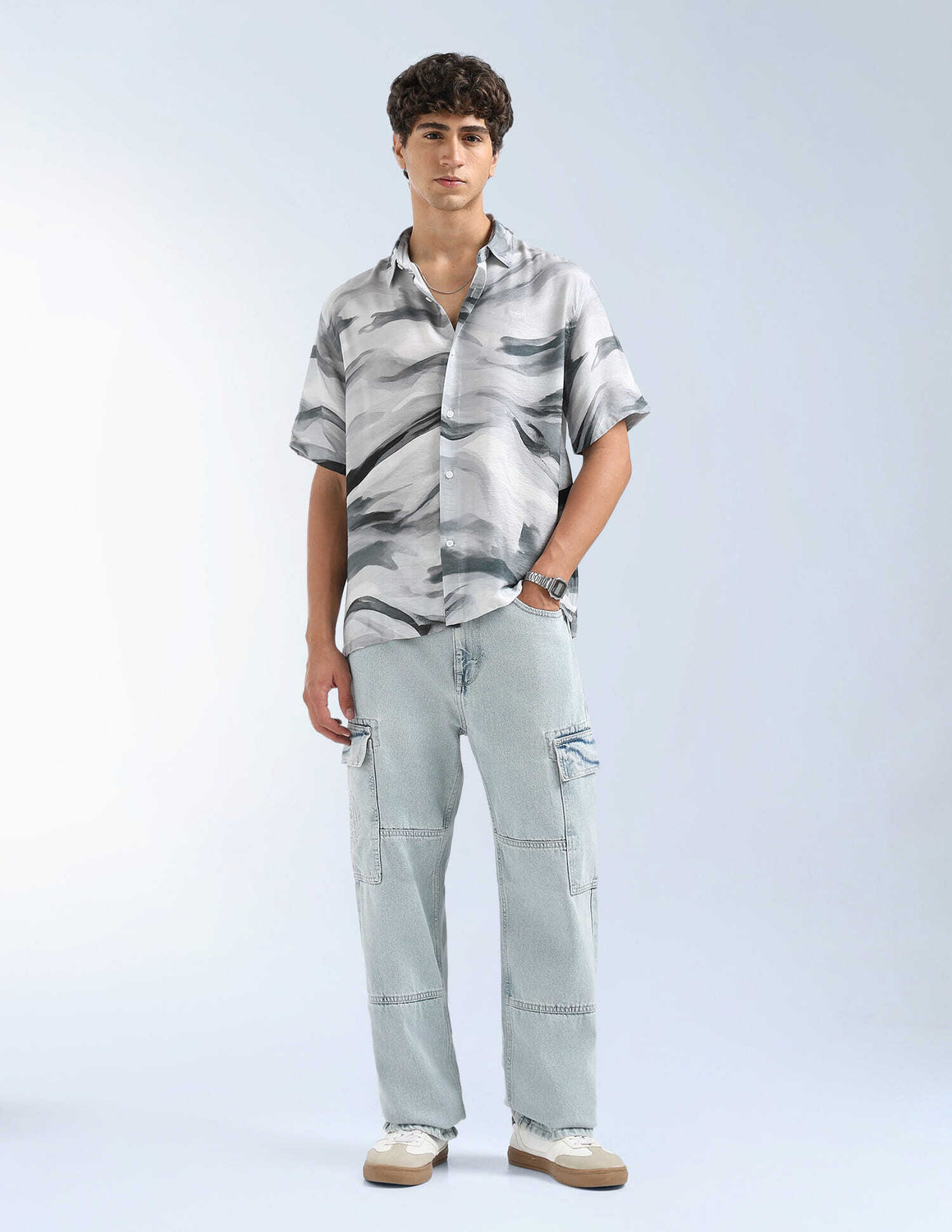 Image of FLYING MACHINE Men Printed Casual Grey Shirt