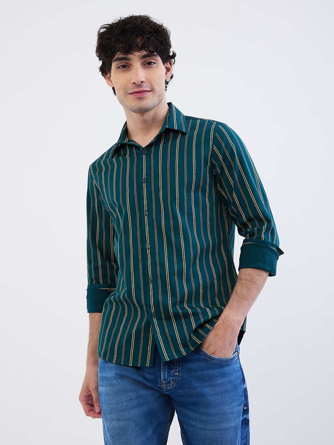 Image of Spykar Men Striped Casual Green Shirt
