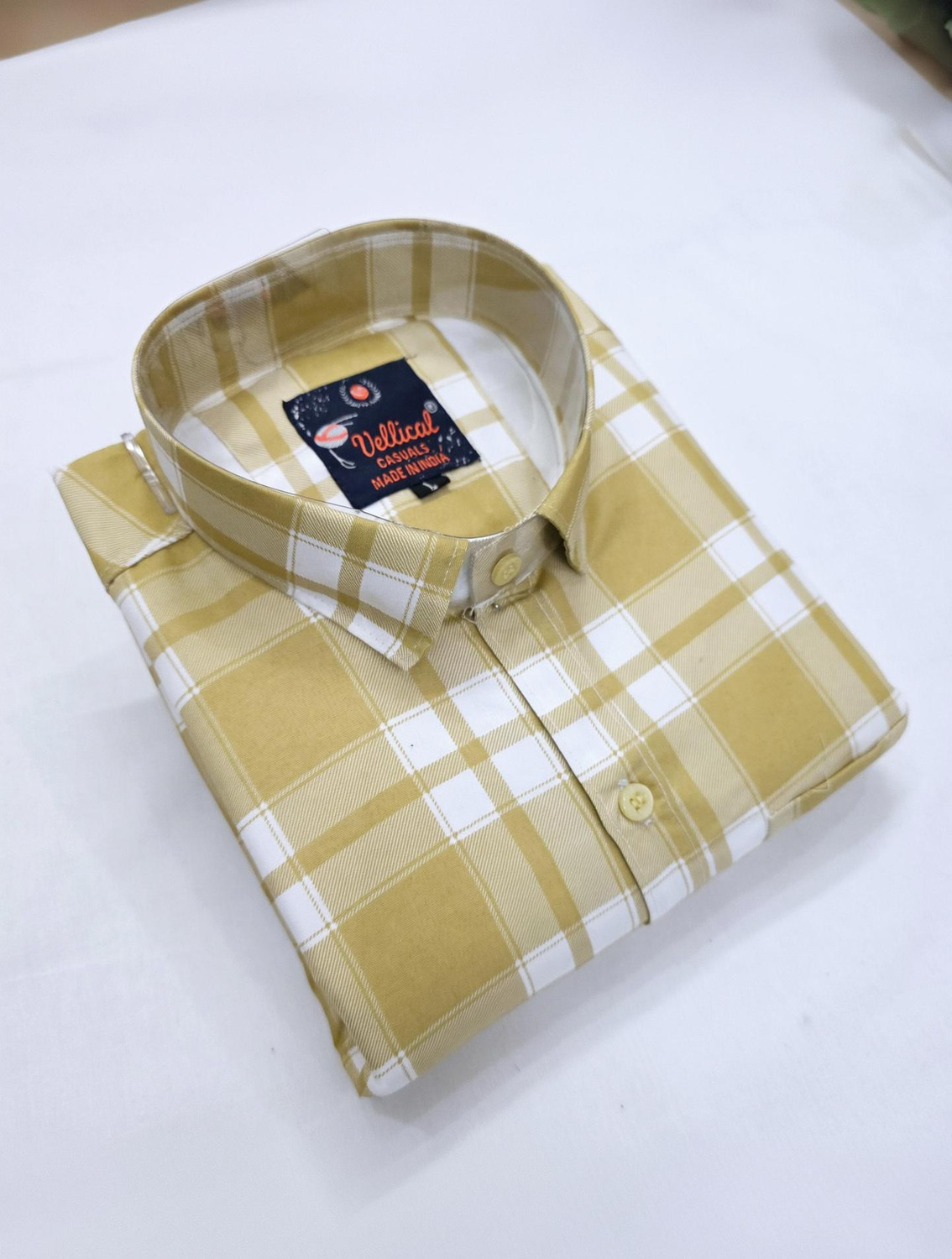 Image of Vellical Men Checkered Casual Yellow Shirt