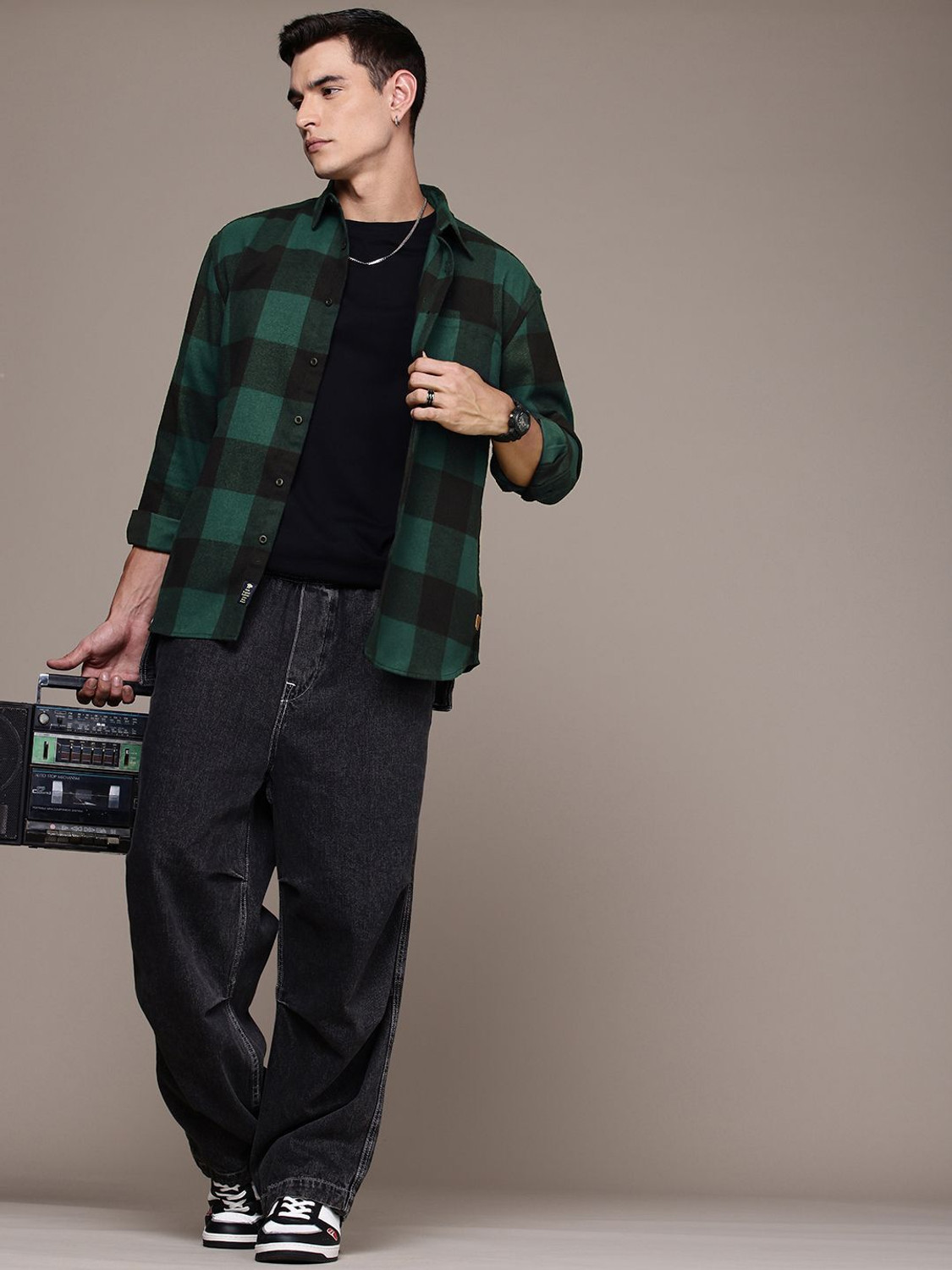 Image of Roadster Men Checkered Casual Green Shirt