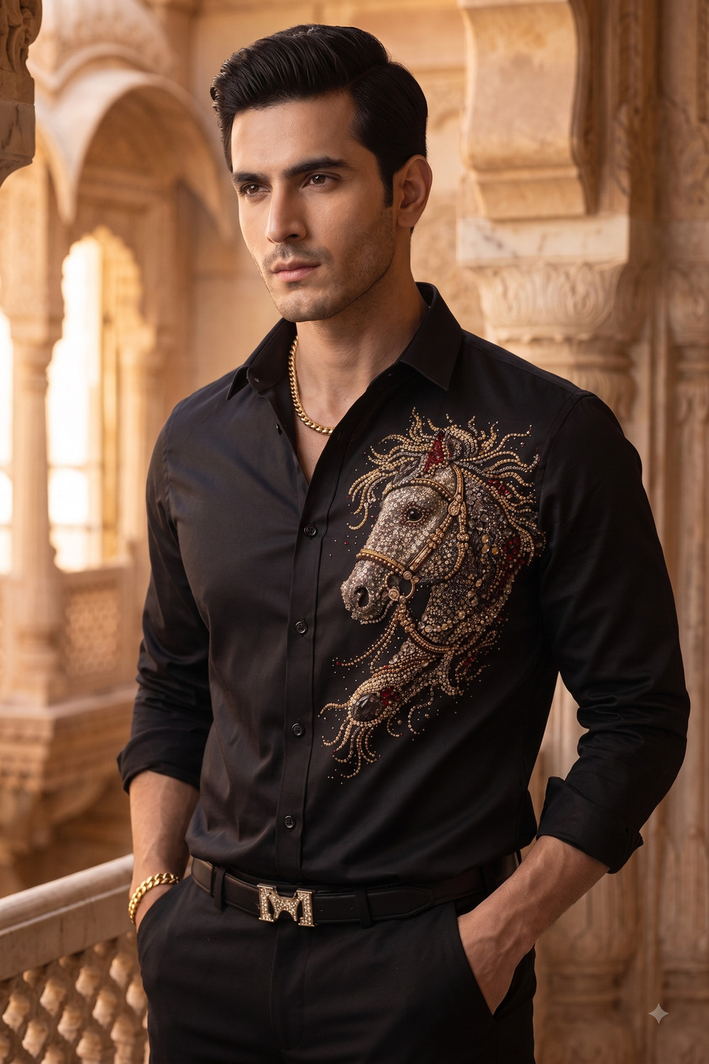 Image of FABPLANET Men Slim Fit Embellished Spread Collar Formal Shirt