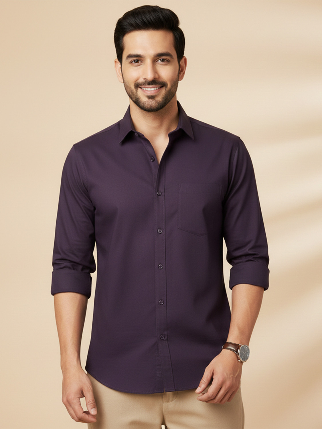 Image of METRONAUT Men Solid Casual Purple Shirt