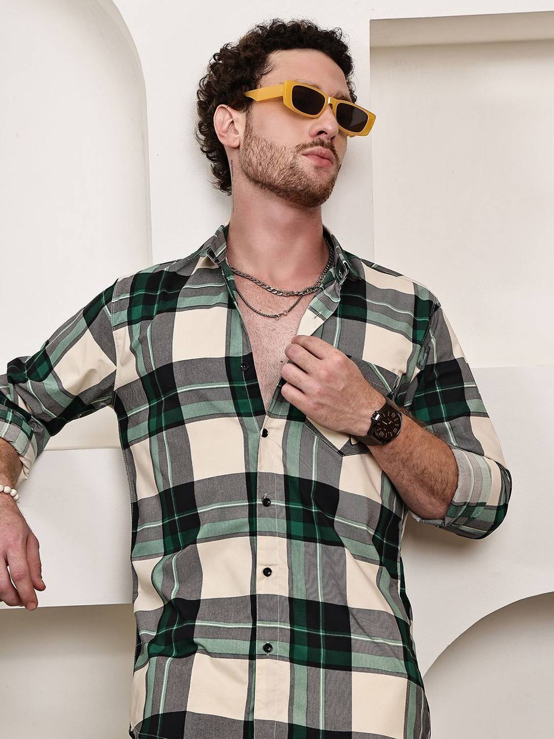 METRONAUT Men Light Green Checkered Shirt - Image 1