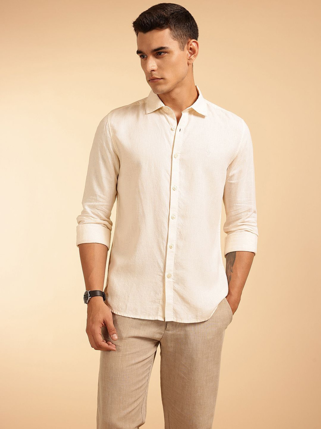 Image of French Connection Men Solid Casual Cream Shirt