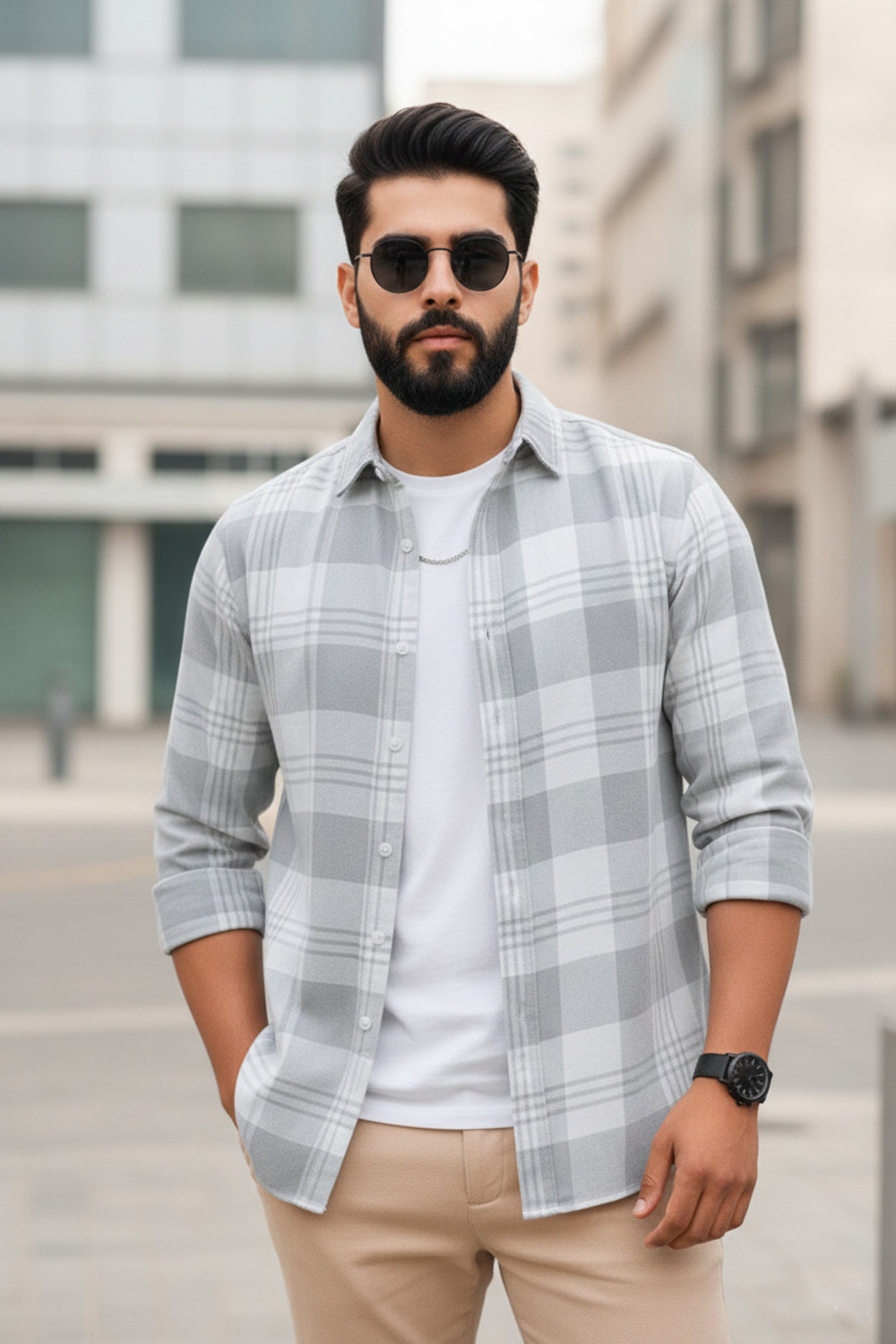 Image of S-LINE Men Checkered Casual Grey Shirt