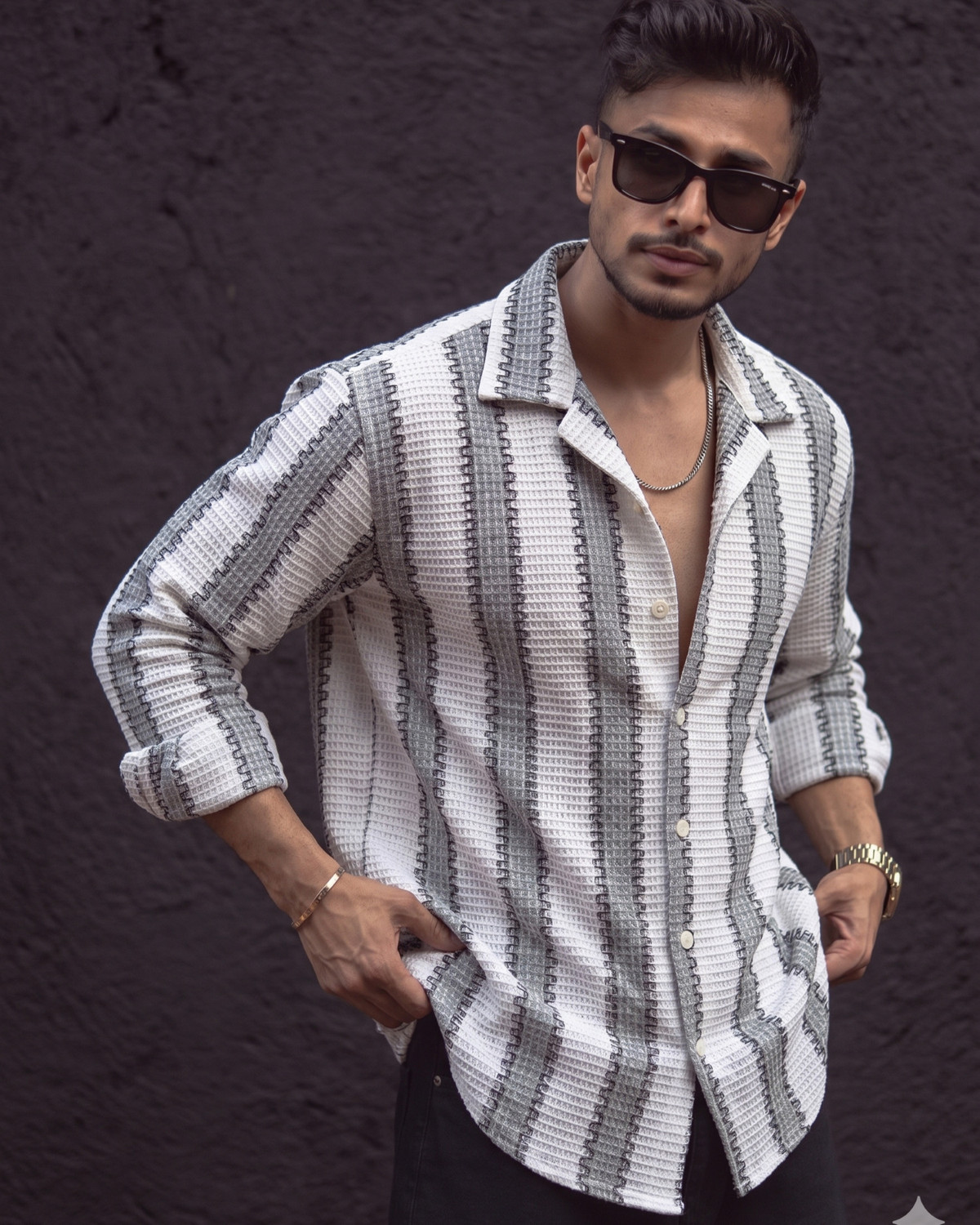 Image of Voroxy Men Striped Casual Grey, Multicolor Shirt